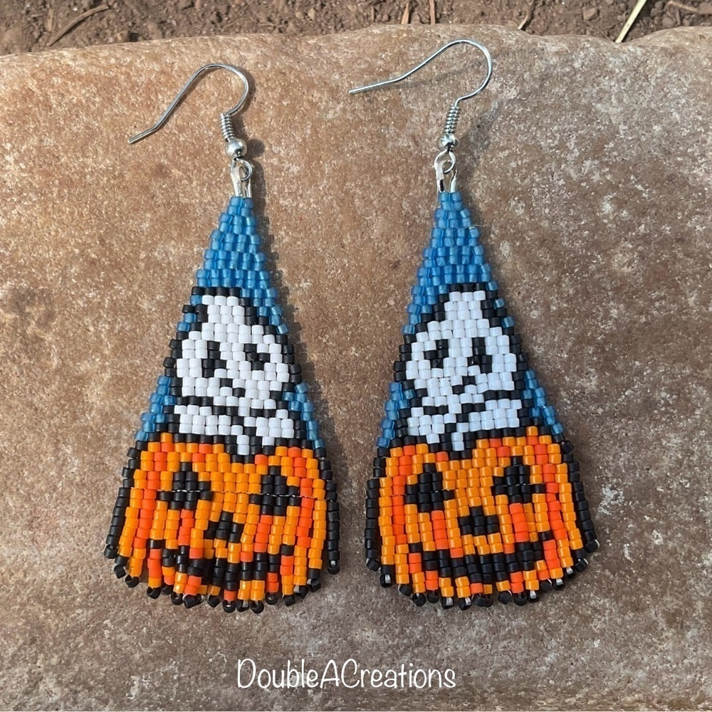 Ghost and Pumpkin Beaded Earrings, New, Handmade by Me
